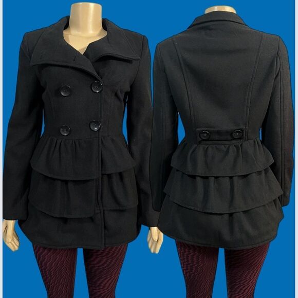 2B by Bebe Long Sleeve Tiered Coat Peacoat with Ruffles Black Small NWT - Picture 1 of 10